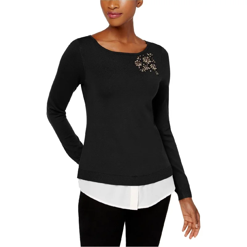Charter Club Womens Layered-Look Brooch Pullover Sweater, Black, Large Compression
