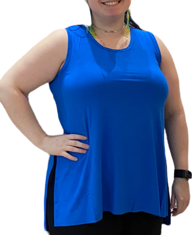 Deep Sky Blue Bamboo Long Slit Hi Lo Tank Top Classic Women's Tweed