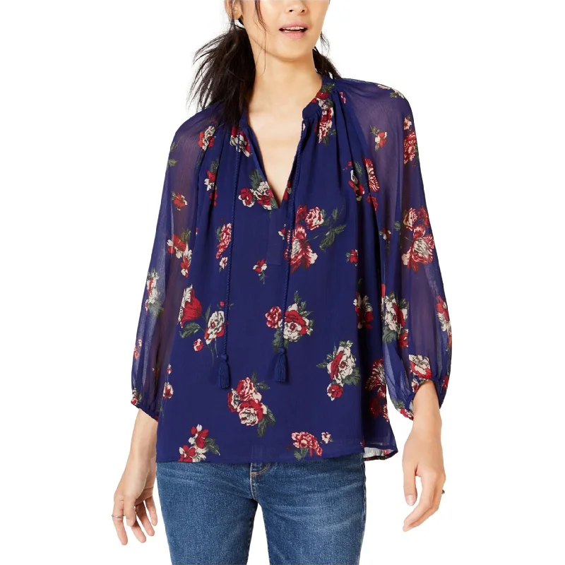 Lucky Brand Womens Floral Print Peasant Blouse, Blue, Small French