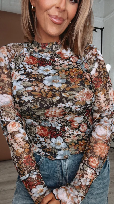 Floral Print Mesh Top, Black Modern Women's 