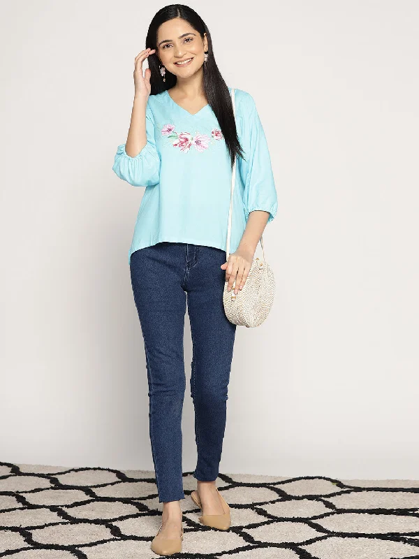 Skyblue Rayon Top - BloomSwirl Rugged Women's Outdoor 