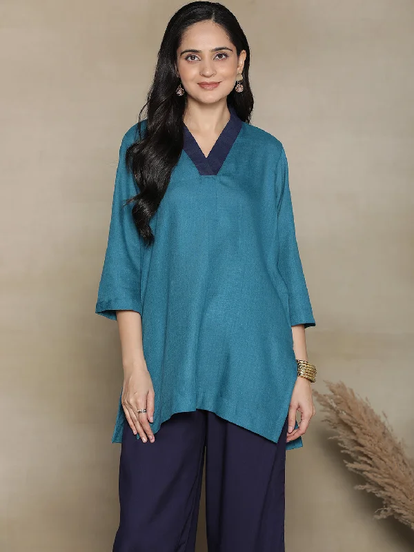 Teal CottonSlub V-NeckTop British Gentlewoman Style