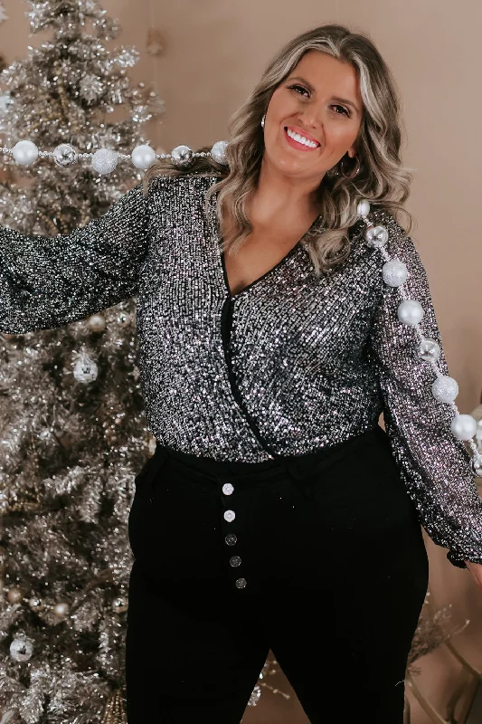 Sassy In Sequin Bodysuit , Silver Preppy Women's College