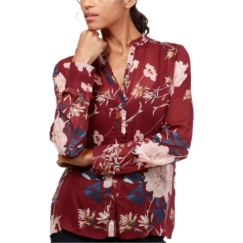 Lucky Brand Womens Ruffled Floral-Print Button Up Shirt, Red, Medium Compression