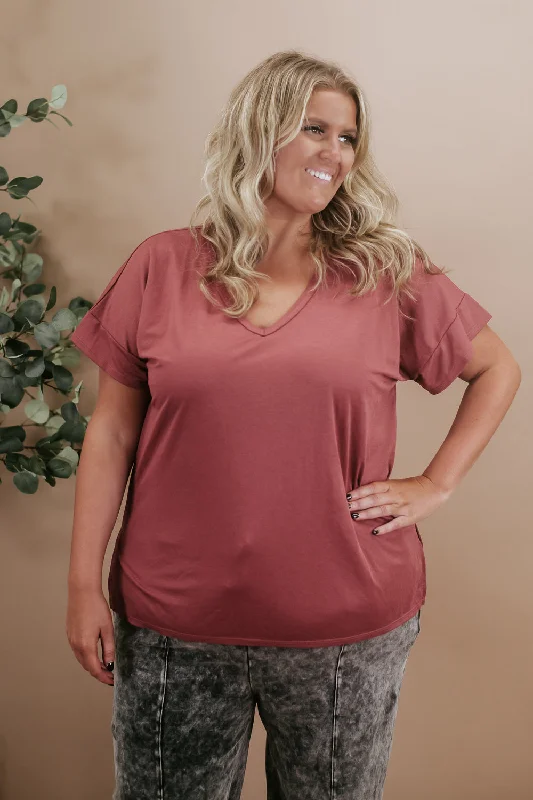 All Basic V Neck Tee, Red Brown French