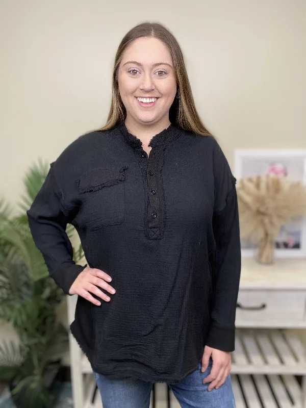 Run Away With Me Women's Woven 1/4 Button Long Sleeve Top Casual Women's Loose - fitting