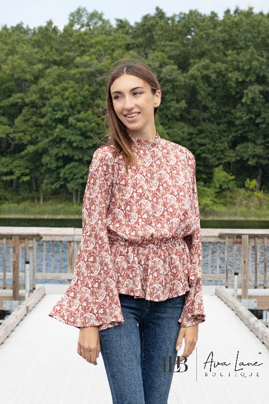 Perfectly Paisley Women's Mock Neck Long Sleeve Top Hip Women's Urban
