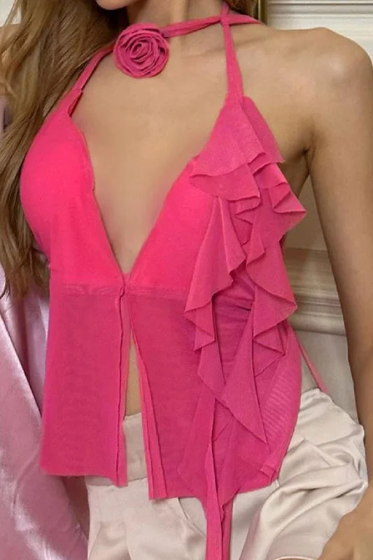 Pink Floral Halter Ruffle Ribbon Tops Classic Women's Pin - striped