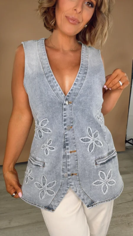 Bloom & Vine Floral Patch Denim Vest Streetwear Style for 
