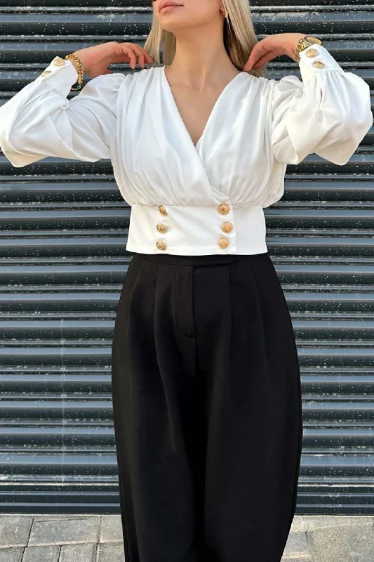 V Neck Puff Sleeve Smocked Blouses Traditional Women's 