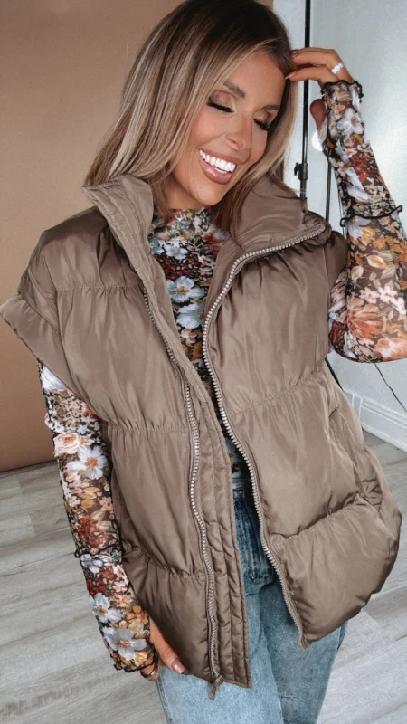 Over Sized Puffer Vest, Brown Tough Women's Military - inspired