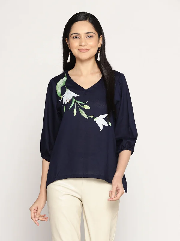 Navy Rayon Top - LeafHarmony Unique Women's Upcycled