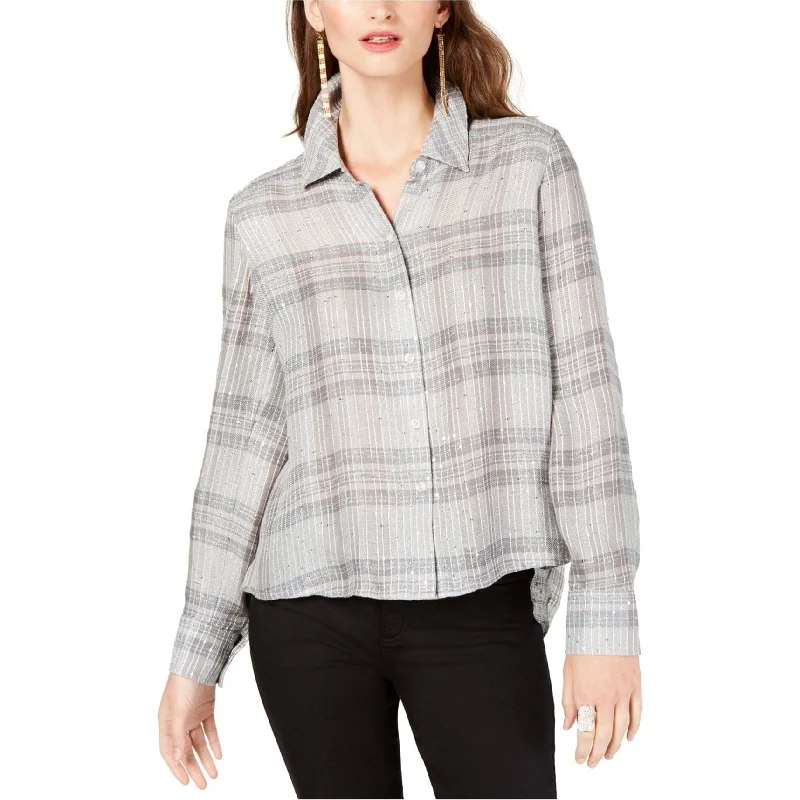 I-N-C Womens Plaid Sequin Button Up Shirt, Grey, Medium Cool Women's Distressed