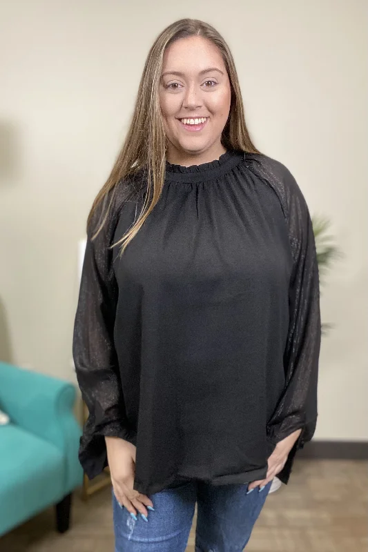 Sheer Elegance Mock Neck Shimmer Long Sleeve Top Traditional Women's 