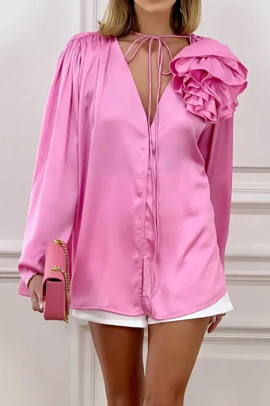 Pink V Neck Ruched Floral Lace-Up Blouse Adventure