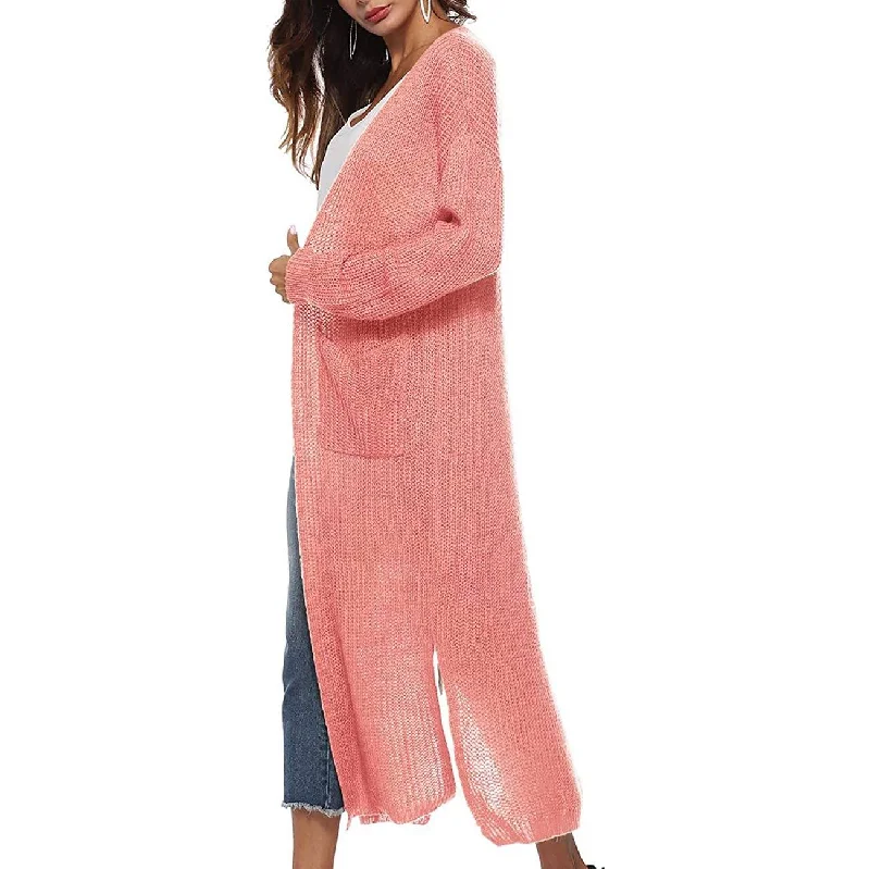 Womens Casual Long Sleeve Split Open Cardigan Knit Long Cardigan Sweaters with Pockets Vacation