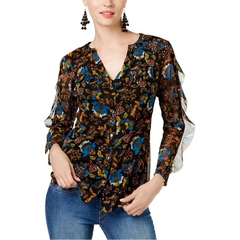 I-N-C Womens Ruffled Button Up Shirt, Black, X-Small Modern Women's 