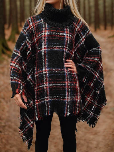 Turtleneck Plaid Raw Hem Sweater Fashion Poncho purpose