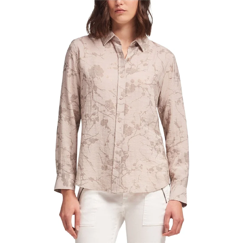 DKNY Womens Metallic Floral Button Up Shirt, Beige, Large Trendy Women's 