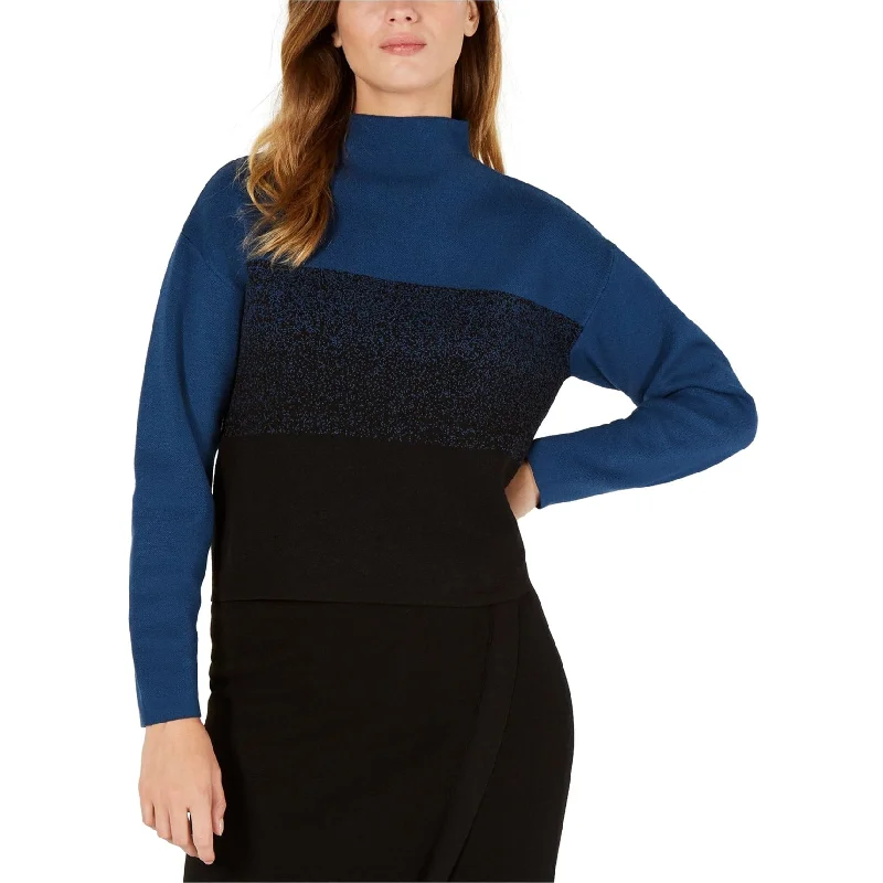 Anne Klein Womens Colorblock Jacquard Pullover Sweater, Blue, Small Geometric