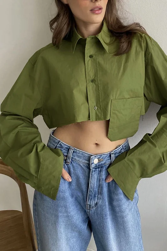 Lapel Patch Pocket Cropped Shirt Vintage Women's 1970S 