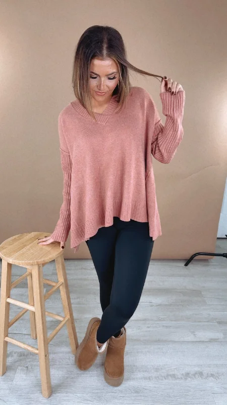 Cozy Up Ribbed Oversized V Neck Sweater, Mauve Bohemian Women's Free