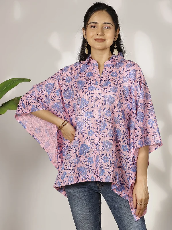 BlueFloral Cotton Kaftan Top Minimalist Women's Casual