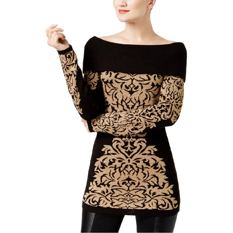 I-N-C Womens Damask Knit Sweater, Black, Small Sustainable Organic