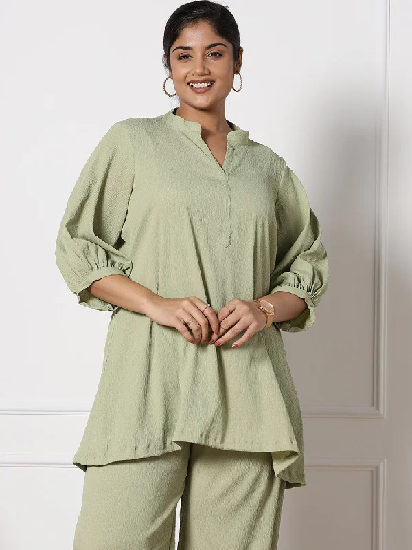 SageGreen Textured MandarinTop Cool Women's Distressed
