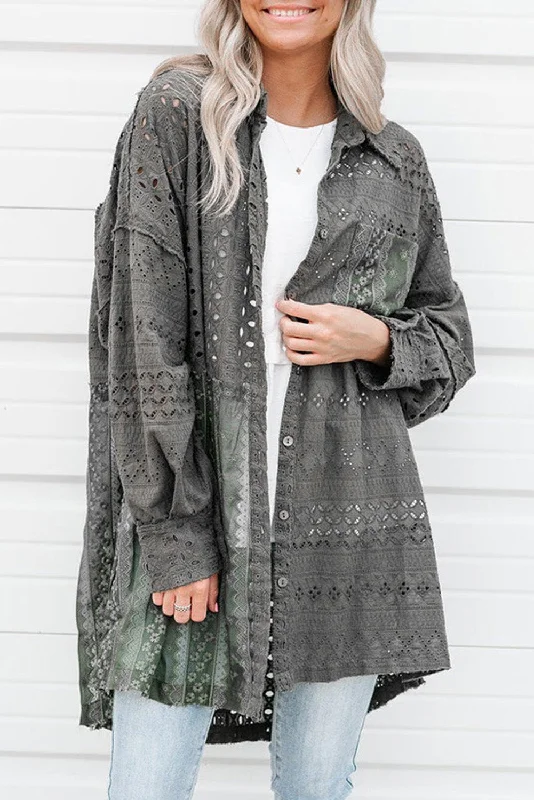 Duffel Green Eyelet Pattern Patchwork Oversized Button Up Shacket Dapper Women's 1920S
