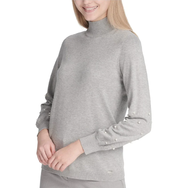 Calvin Klein Womens Pearl Sleeve Knit Sweater, Grey, Large Youthful Women's Pop