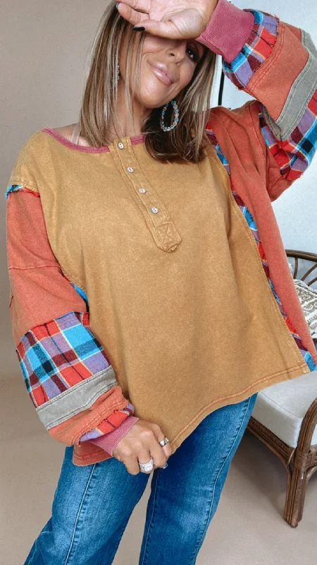Vintage Days Patchwork Long Sleeve Top, Camel Confident Women's High - fashion