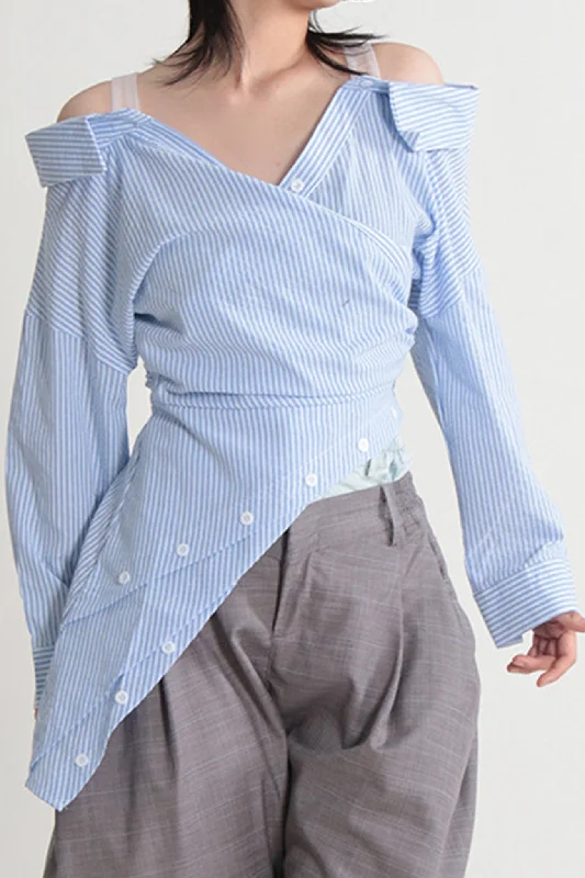 Off Shoulder Irregular Long Sleeve Striped Blouse Modern Women's 