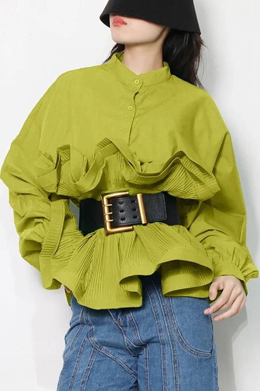 Ruched Ruffle Belt Long Sleeve Blouse Relaxed Women's 