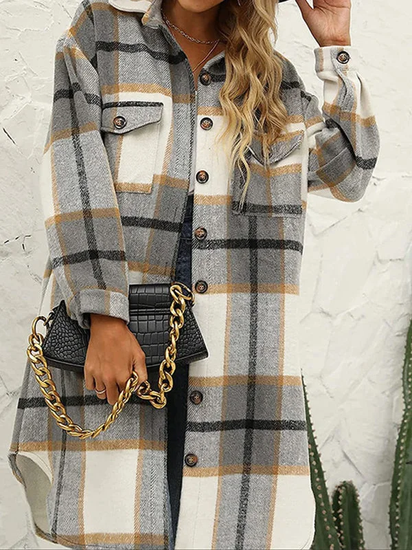 New long plaid lapel buttoned wool casual windbreaker jacket Elegant Women's 