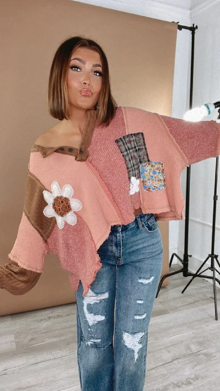 POL:Sweet Impression Patchwork Long Sleeve Top, Pink Casual Women's Japanese 