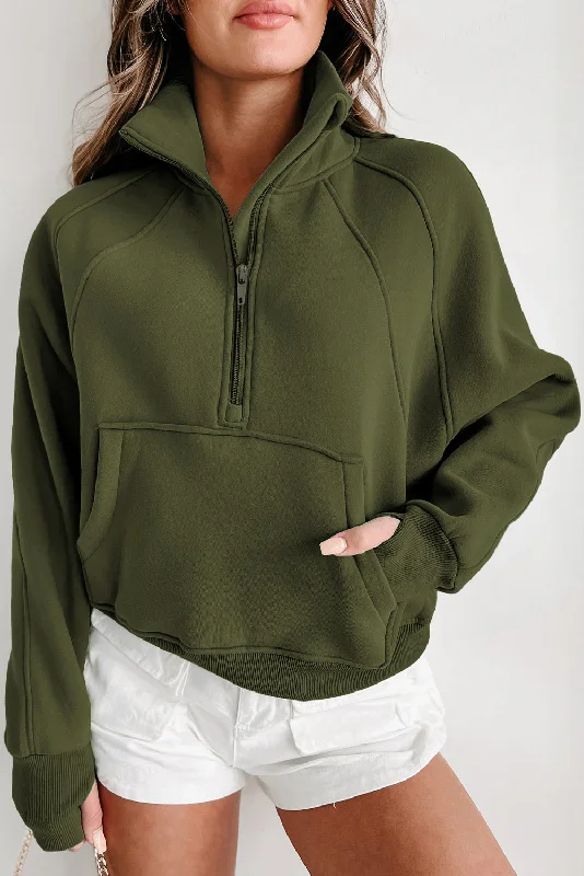 Green Zip Up Stand Collar Ribbed Thumbhole Sleeve Sweatshirt Minimalist Women's Casual