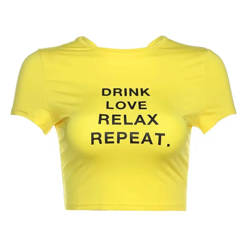 Drink Love Relax Repeat Yellow Crop Top Feminine Women's Soft 