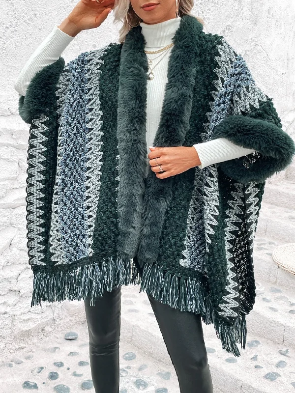 Striped Fringe Hem Poncho Sweater Stylish Women's Neon