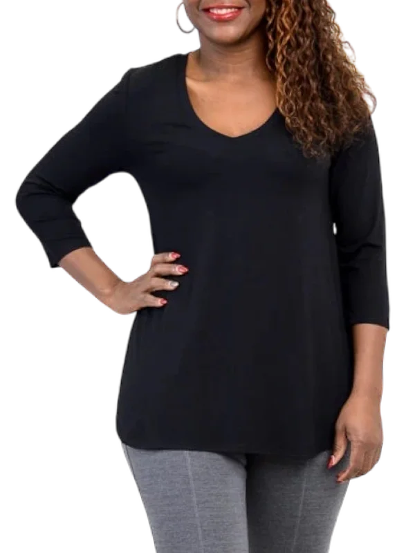 Jackie 3/4 Sleeve Black Bamboo V-Neck Top Modern Women's 