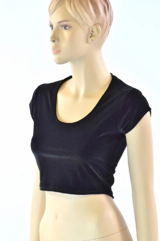 Black Soft Knit Cap Sleeve Crop Classic Women's Pin - striped