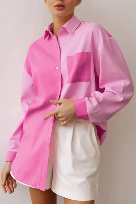 Pink Lapel Pocket Button-Up Long Sleeve Blouse Preppy Women's College