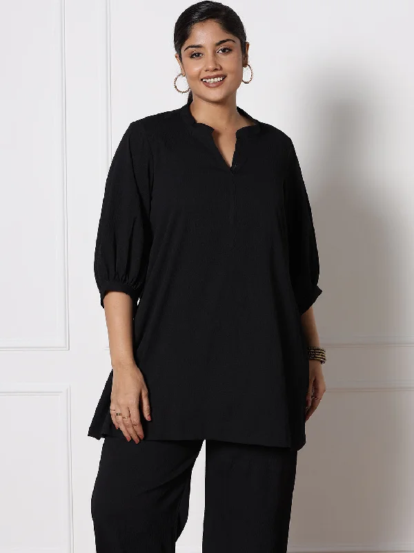 Black Textured MandarinTop Feminine Women's Style 