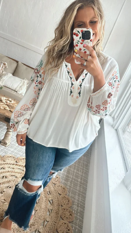 Emmy Embroidered Blouse, White Luxurious Women's High -  end