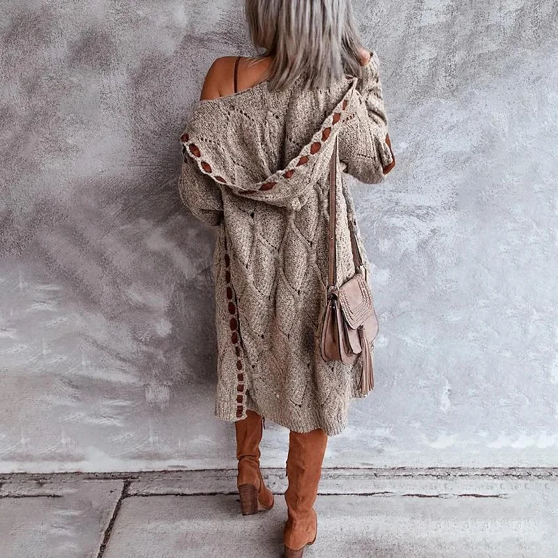 Women's Knitted Color Block Hooded Cardigan Sweater Polished Women's Silk