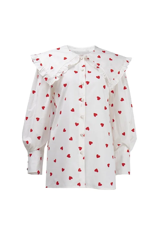 Heart Print Balloon Sleeve Doll Collar Blouse Relaxed Women's 