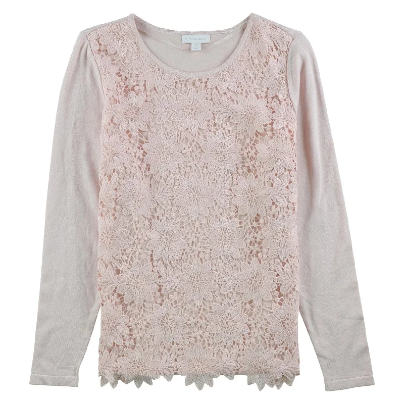 Charter Club Womens Lace-Front Pullover Sweater, Pink, Medium Feminine Women's Style 