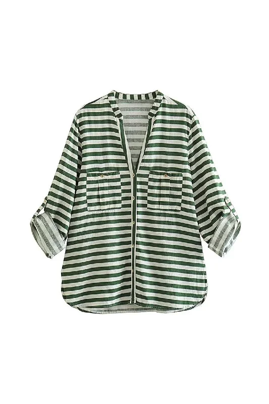 V-neck Pocket Roll-up Sleeve Button-Up Blouse Sporty Women's Tennis