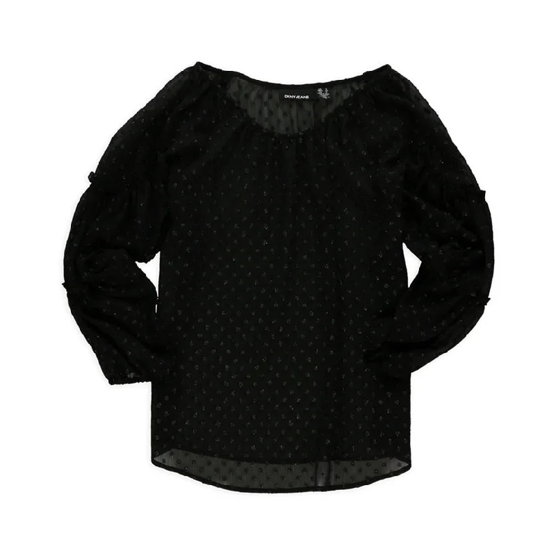 DKNY Womens Sheer Shimmer Tunic Blouse, Black, Small Elegant Women's Formal 