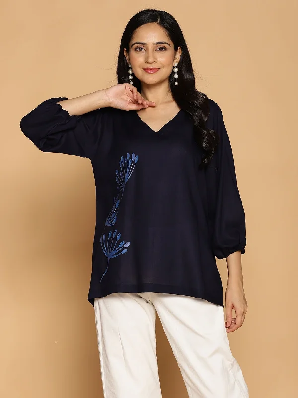 Navy Rayon Top - PetalWhisper Hip Women's Retro